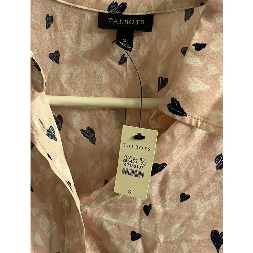 Talbots Shirt Blouse‎ Womens Size Small Pink Blue Hearts Button Down Rayon NWT - Picture 3 of 5